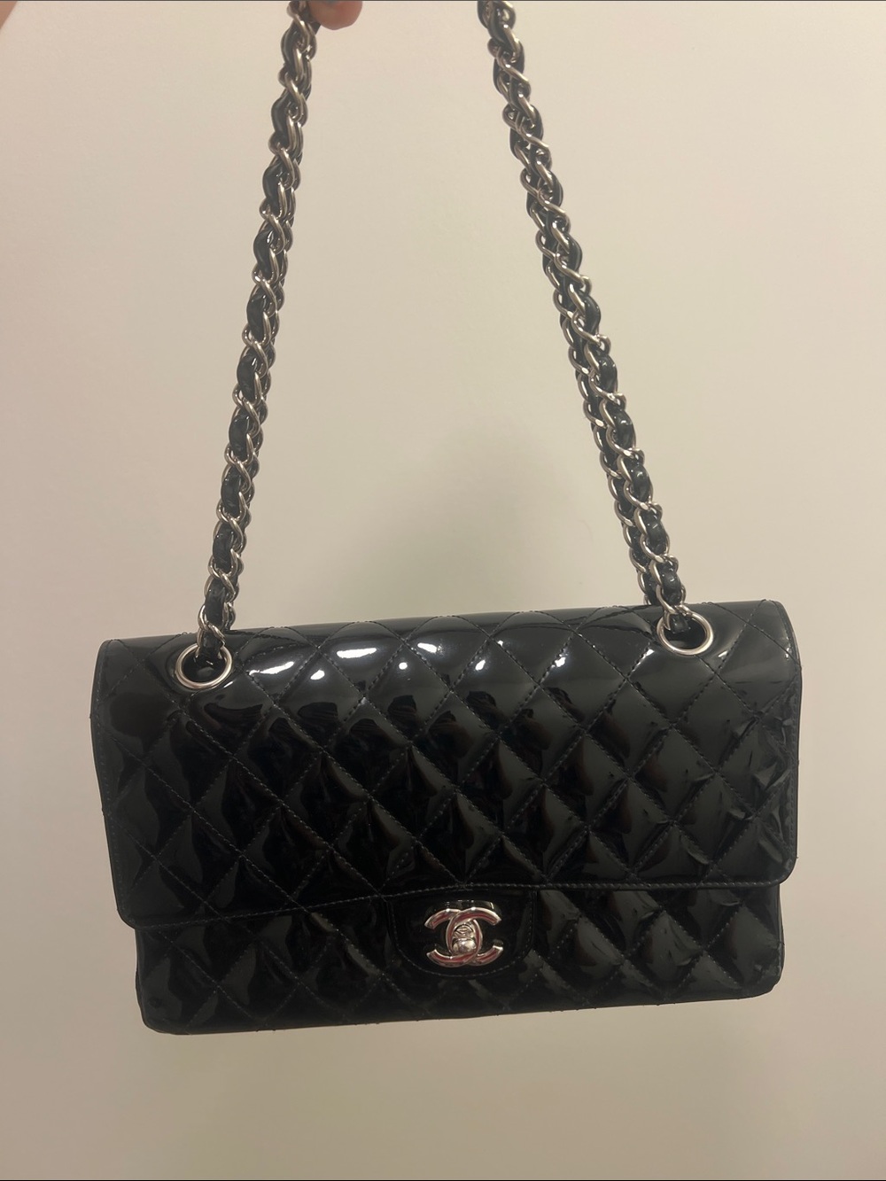 CHANEL Black Quilted Patent Leather Shoulder Bag with Silver Hardware